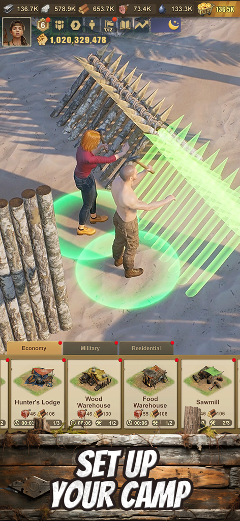 자원 관리 메뉴가 있는 열대 섬 캠프에서 방어용 나무 말뚝 벽을 건설하는 두 명의 생존자