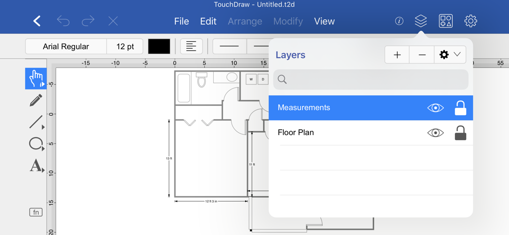 TouchDraw 2 - TouchDraw 2 interface showing a technical floor plan with the layers menu open