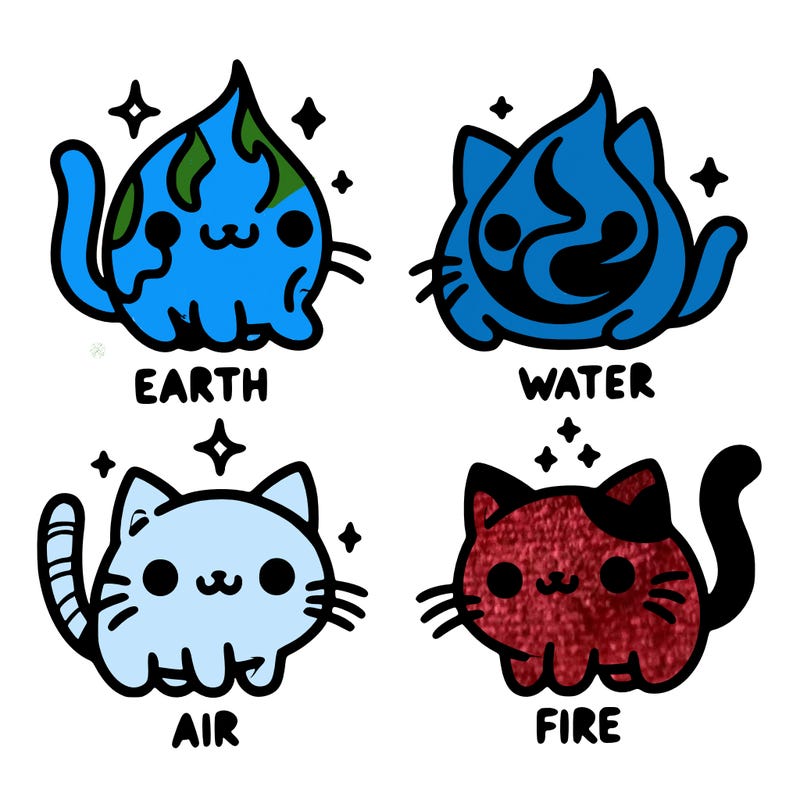 4 cats that represent the different elements, earth, water, air, and fire