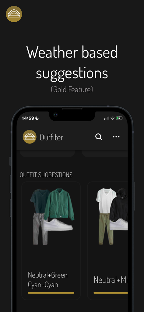 Outfiter - Outfiter app screen showing outfit suggestions based on the weather.