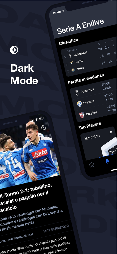 Fantacalcio ® Serie A Enilive - Official Fantacalcio app interface in dark mode featuring Serie A standings and soccer news