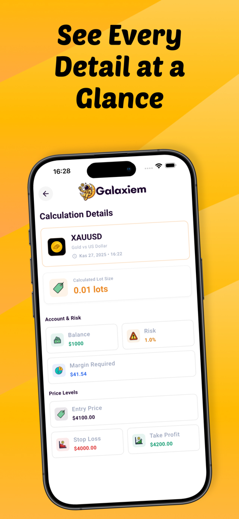 Lot Size Calculator - Galaxiem - Forex trading lot size calculation results for gold showing risk percentage and price levels