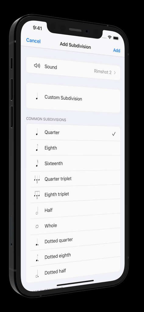 Metronomics Metronome - Interface of Metronomics app showing common rhythm subdivision options like quarter and eighth notes