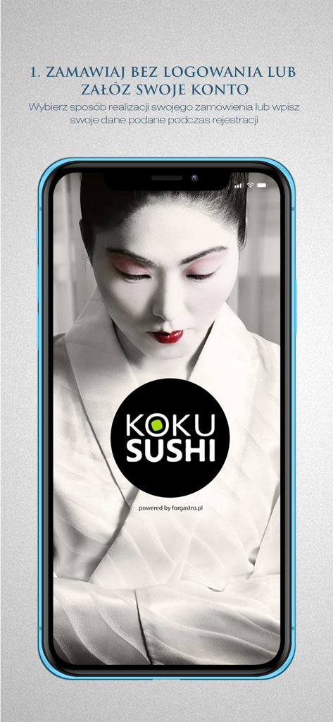 Koku Sushi - Pantalla de bienvenida de la app Koku Sushi que presenta una opción de pago como invitado y una estética japonesa tradicional