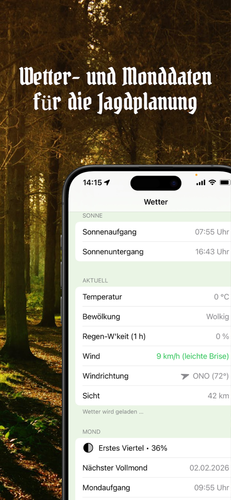 Waidwerk app screen showing weather and moon phase data for hunting planning.