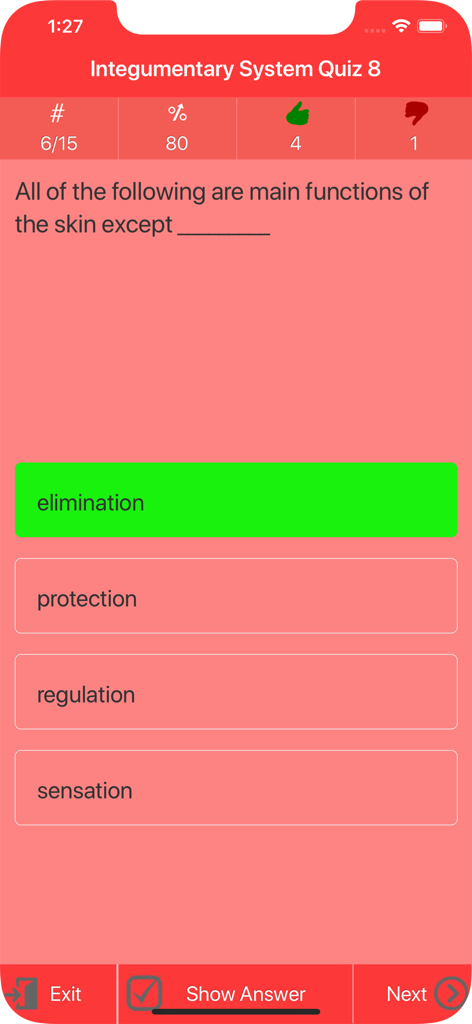 Integumentary System Trivia - A multiple choice quiz screen in the Integumentary System Trivia app showing a question about skin functions