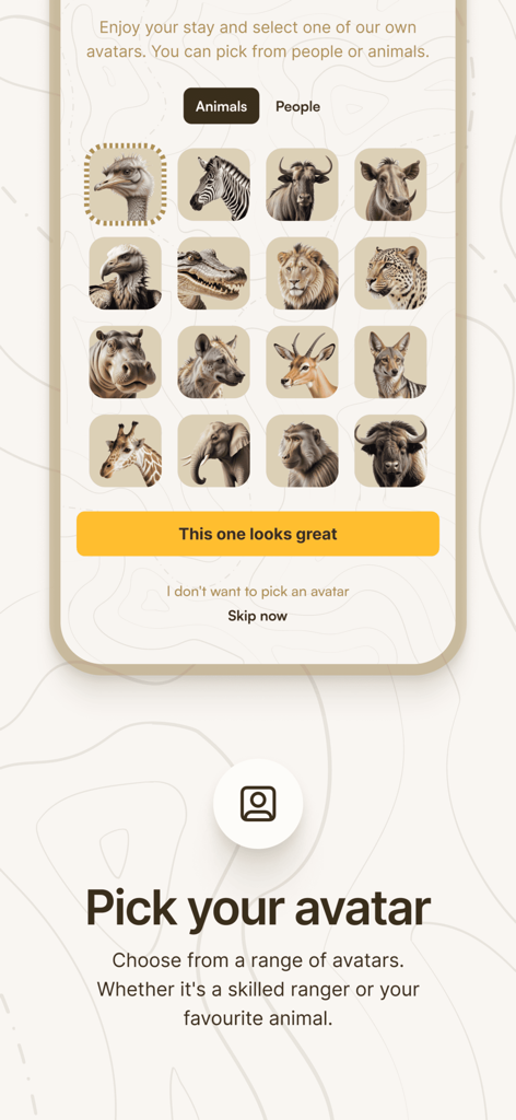 Kruger animal tracker - A screen in the Kruger Animal Tracker app showing a grid of wildlife animal avatars to choose from including lions leopards and elephants
