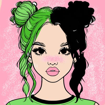 realistic girl with two buns in hair and lips