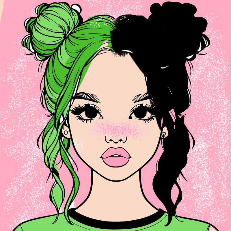 realistic girl with two buns in hair and lips