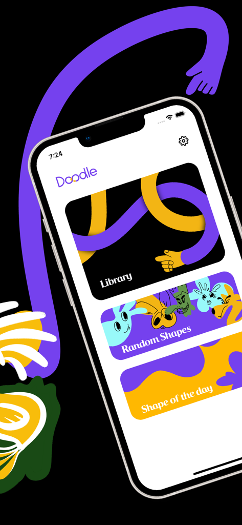 Doodle: Color, Draw & Sketch - iPhone screen showing the Doodle app main menu with options for Library Random Shapes and Shape of the Day