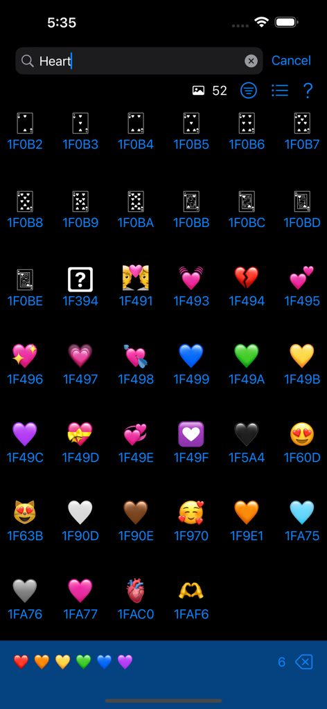 Technicode app interface showing search results for heart emojis and their respective Unicode hex codes