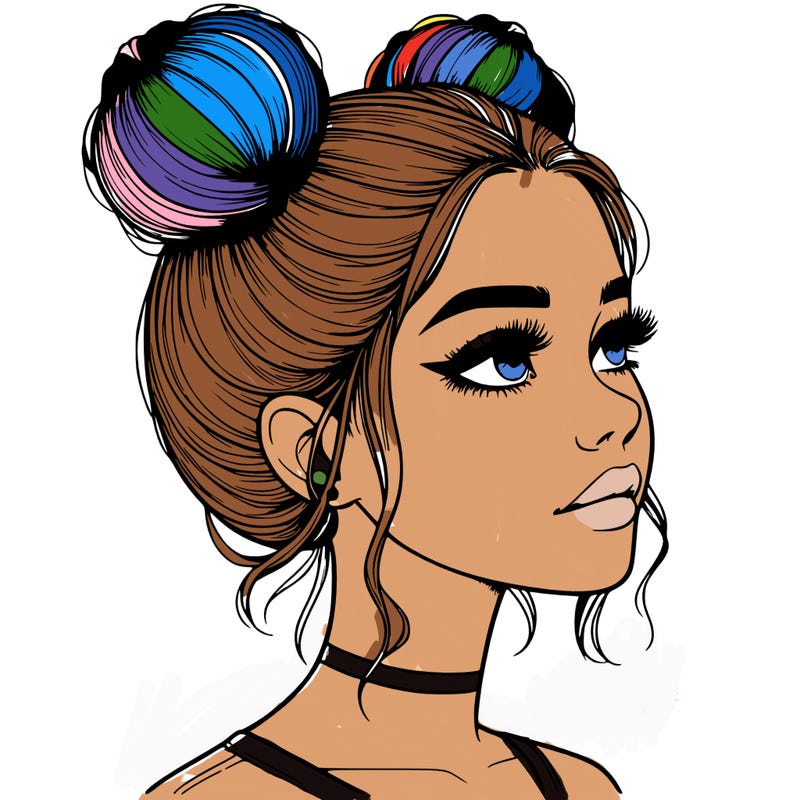realistic girl with buns on the top of her head