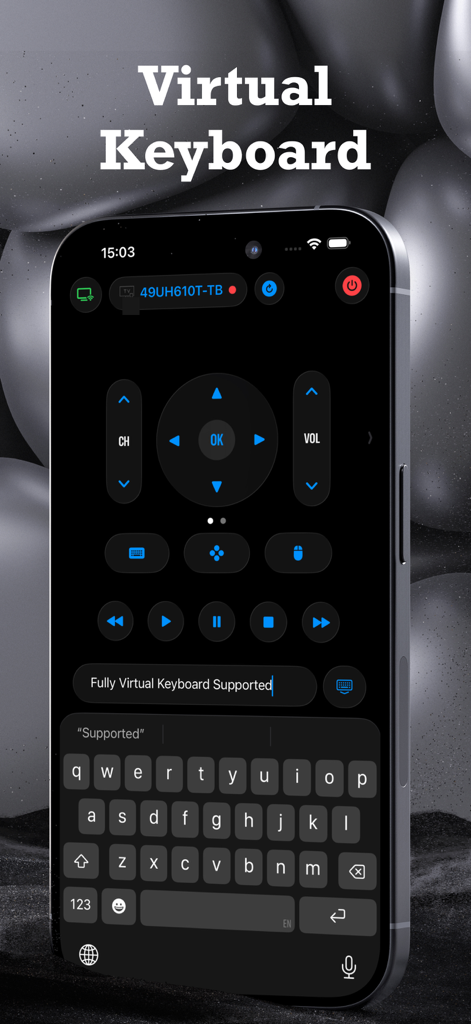Remote Plus - Smart TV Remote - Remote Plus App-Oberfläche, die die virtuelle Tastaturfunktion für die Smart-TV-Steuerung auf einem iPhone-Bildschirm anzeigt