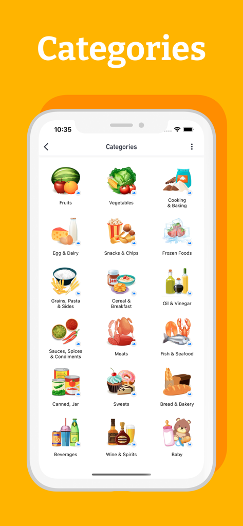 Grocery Shopping List - Pro - Benutzeroberfläche einer Einkaufslisten-App, die verschiedene Lebensmittel- und Getränkekategorien mit bunten Symbolen zeigt