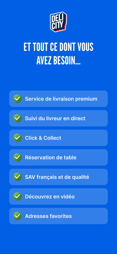 Delicity - A list of Delicity app features including premium delivery service live driver tracking click and collect and table reservations displayed on a blue background