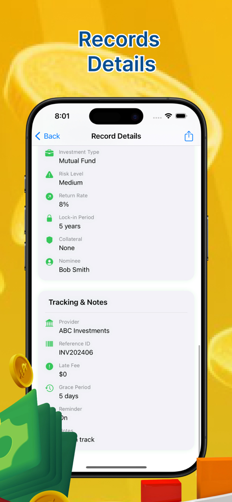 Money Spend Easy Log - Investment record details screen in the Money Spend Easy Log app showing mutual fund data and tracking notes