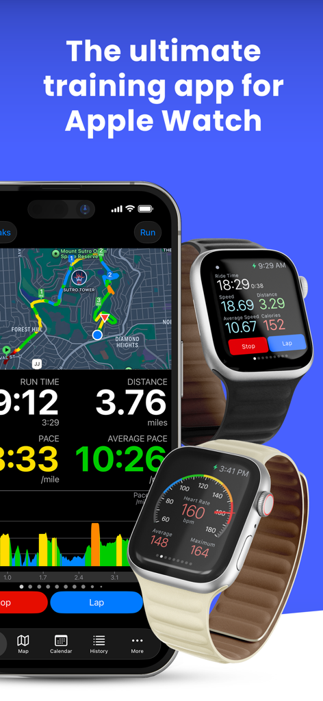 5K Runmeter Run Walk Training - 5K Runmeter training app showing workout statistics and maps on iPhone and Apple Watch