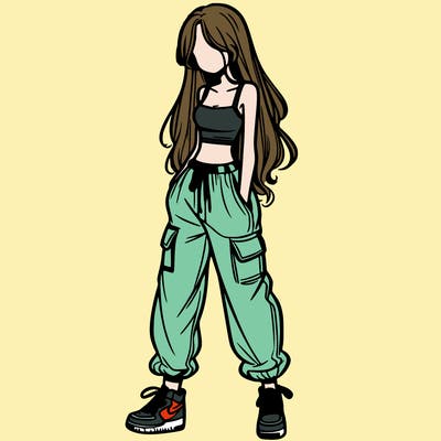 girl in baggy pants crop top and long hair