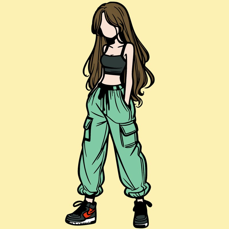 girl in baggy pants crop top and long hair