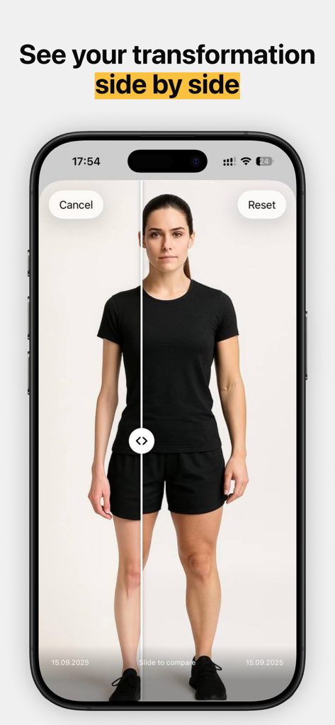 Before and after body transformation photo comparison with slider