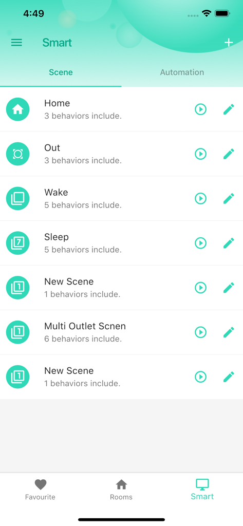 YoLink app interface showing a list of smart home scenes like Home Out Wake and Sleep with automation settings