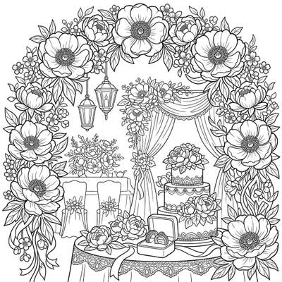 Immerse yourself in the romance of a wedding day with this beautiful coloring page featuring elegant peonies. Discover delicate floral arrangements, a grand wedding cake, and sparkling rings, all ready for your creative touch.