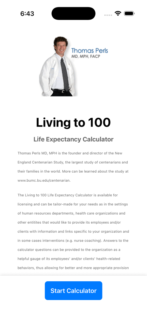 LivingTo100.com - Home screen of the Living to 100 life expectancy calculator app featuring Dr Thomas Perls