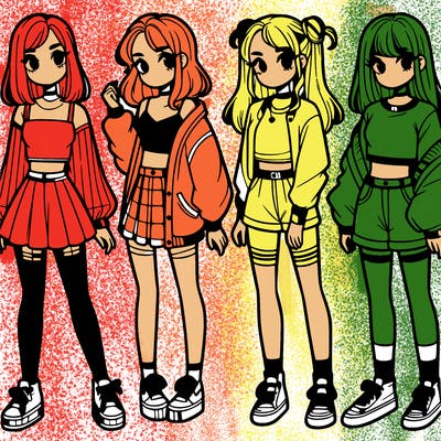 one girl with crop-top shirt and a jacket with a skirt, long socks and another girl with a shirt and pants with a jacket