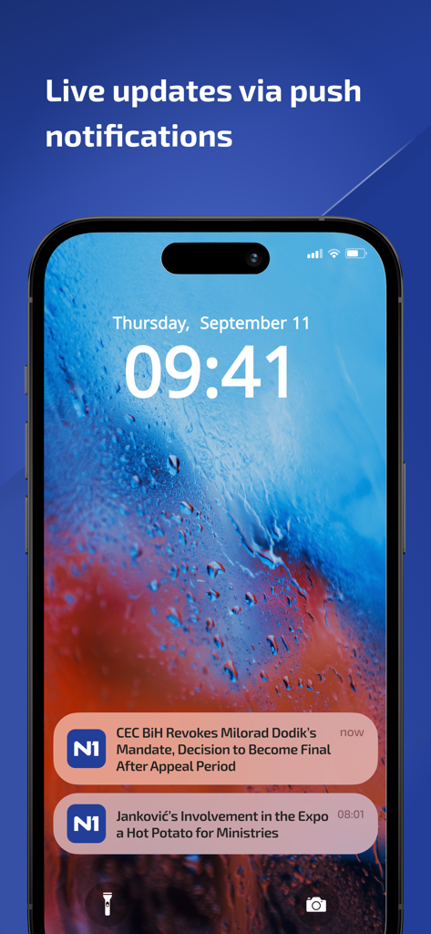 N1 info - iPhone-Sperrbildschirm mit Live-Nachrichten-Push-Benachrichtigungen von der N1 info App.