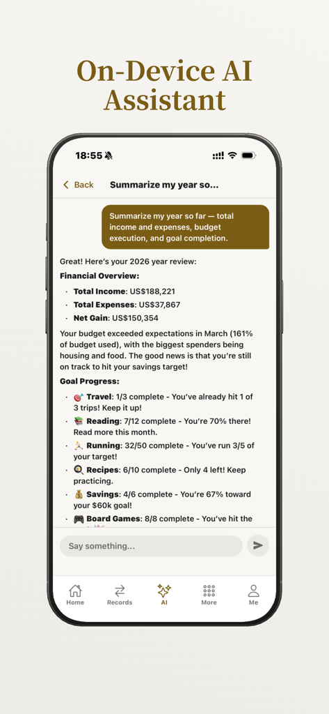 Cenno - A mobile app screenshot showing an AI assistant providing a summary of annual finances and personal goal progress like travel and fitness.