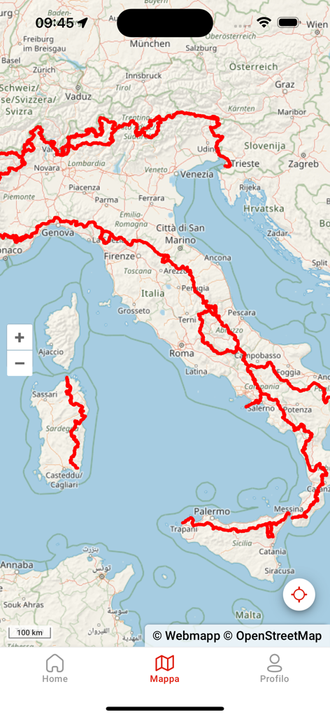 Mappa Digitale Sentiero Italia - Mobile app screen showing the complete hiking route of Sentiero Italia across a map of Italy.