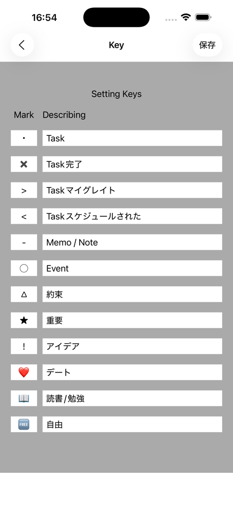 Una pantalla de configuración en la aplicación Bullet Journal para personalizar símbolos y descripciones de tareas como Tarea, Memo y Evento.