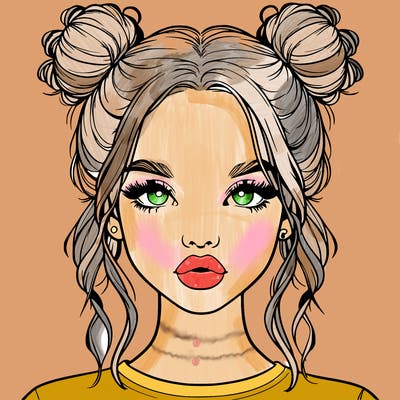 realistic girl with two buns in hair and lips