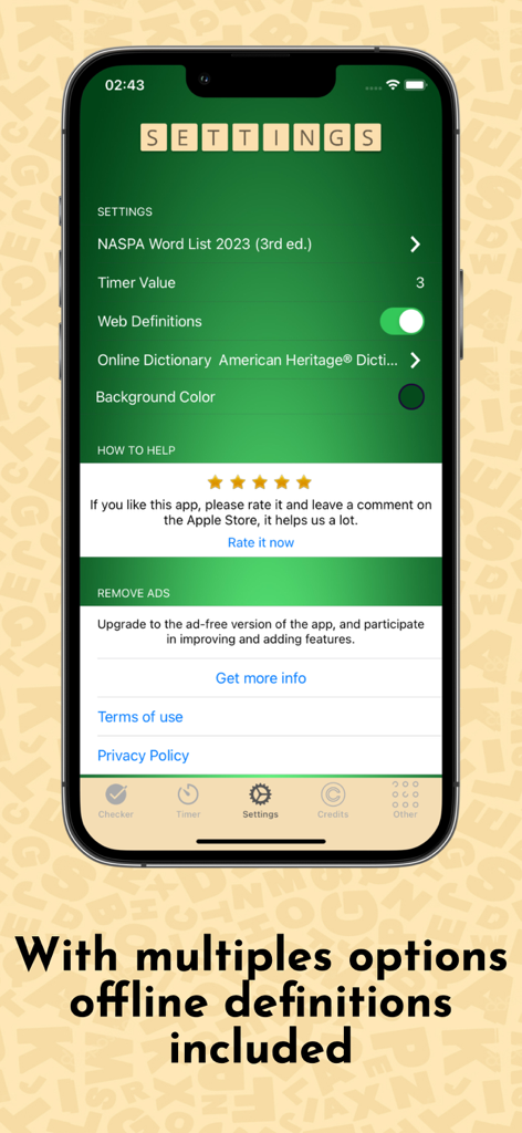 Settings screen of the Word Checker for Scrabble app featuring NASPA word list selection and offline options