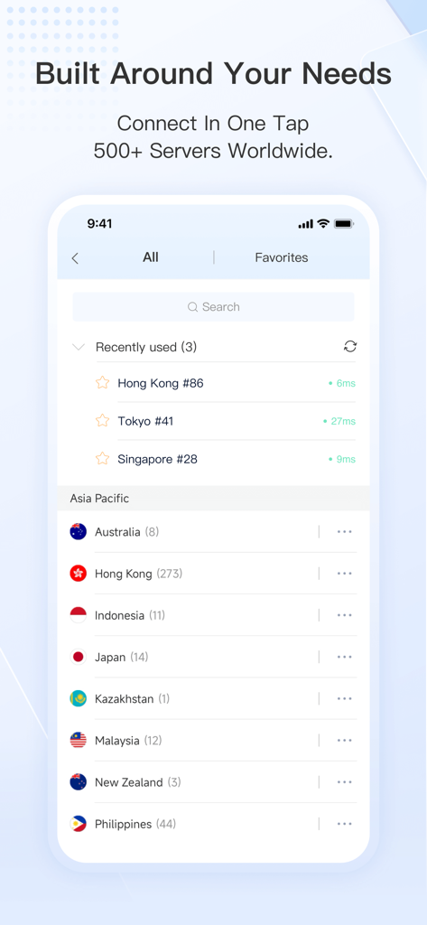 FlyVPN app interface showing a list of high speed servers in Asia Pacific