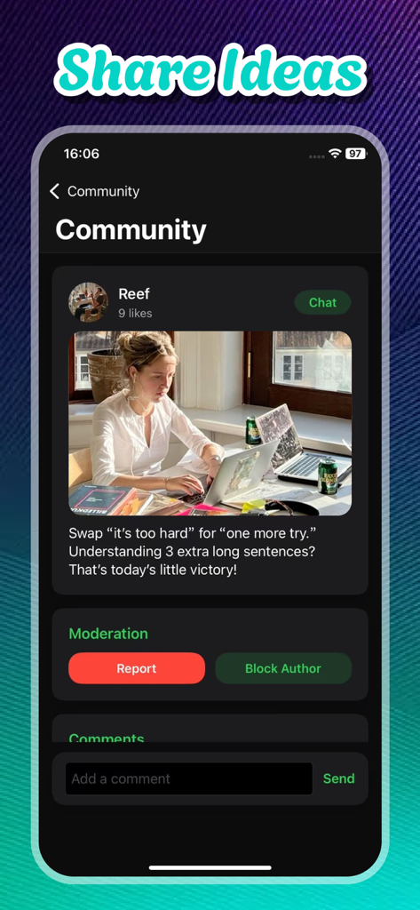 Cmate: Learn Together - A community feed page in the Cmate app where a user shared a photo and a motivational quote about learning.