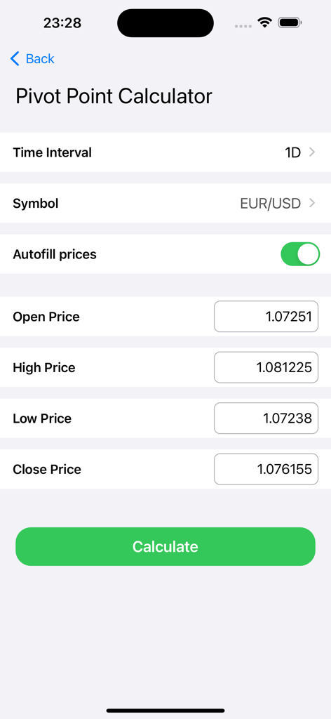 Forex Calculators for traders - Screenshot of the Pivot Point Calculator in the Forex Calculators app for EUR USD currency pair
