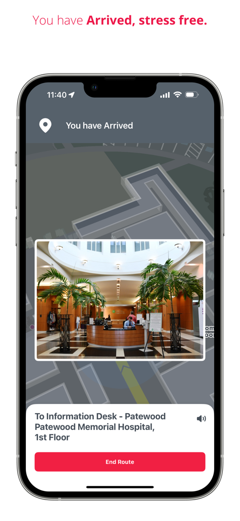 Prisma Health GO - Prisma Health GO app screen showing indoor navigation arrival at Patewood Memorial Hospital information desk with a photo of the lobby