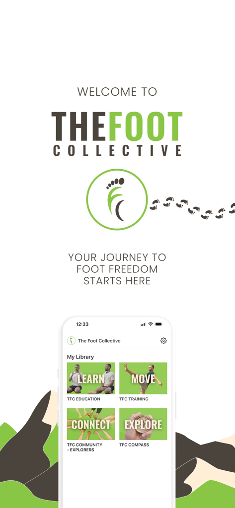 La pantalla de bienvenida de la aplicación The Foot Collective que muestra categorías de biblioteca para educación, entrenamiento, comunidad y exploración.