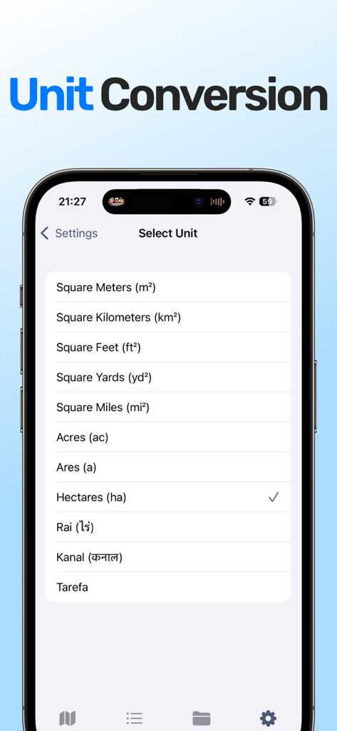 Land Field Area Measure GPS - Interfaz de la aplicación LandLens para seleccionar unidades de medición de terreno como acres y hectáreas