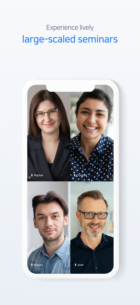 Brity Meeting 브리티 미팅 - Brity Meeting mobile app interface showing a grid of four diverse professionals in a video conference for large-scaled seminars