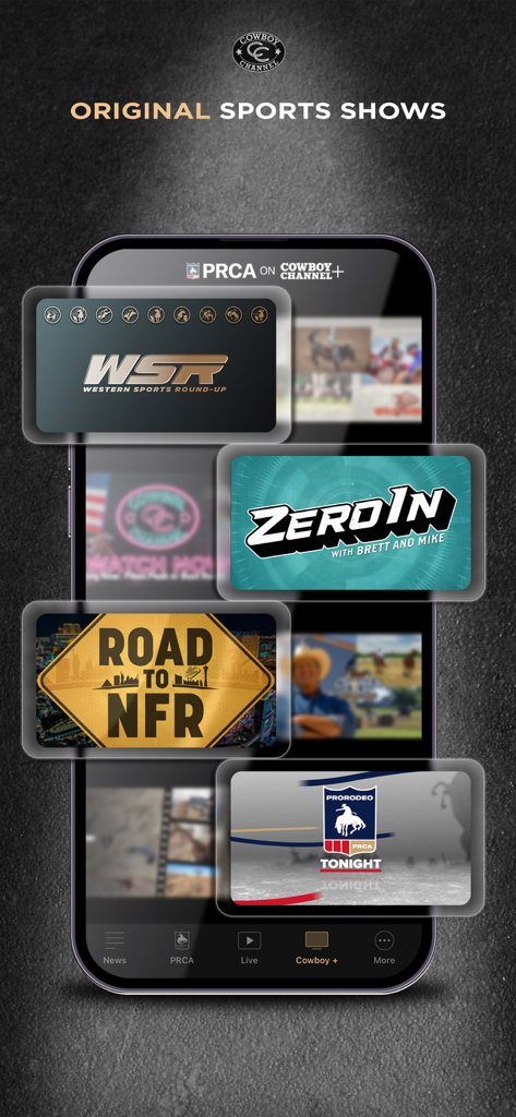 Cowboy Channel Plus - Application Cowboy Channel Plus affichant des émissions sportives originales de l'Ouest et une programmation de rodéo.