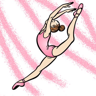 gymnast doing a leap in a leotard with a bent back leg