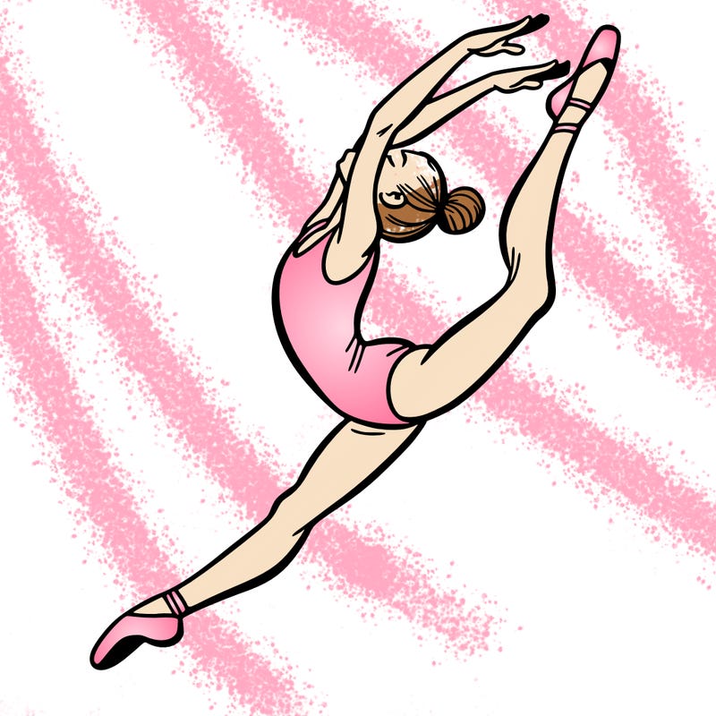 gymnast doing a leap in a leotard with a bent back leg