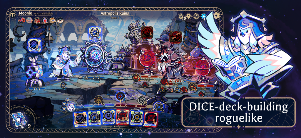 Astrea: Six-Sided Oracles - Astrea Six-Sided Oraclesのゲームプレイ、ムニー・ジ・アストラル・ディサイプルが登場するダイスデッキ構築ローグライクの戦闘シーンを表示