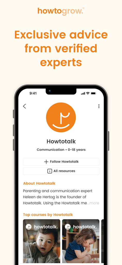 Der Howtogrow-App-Bildschirm mit exklusiven Erziehungsratschlägen und Kursen von verifizierten Experten.