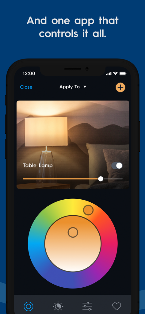 Cync (the new name of C by GE) - Interface of the Cync app showing a color wheel and bedroom table lamp control with TrueImage technology.