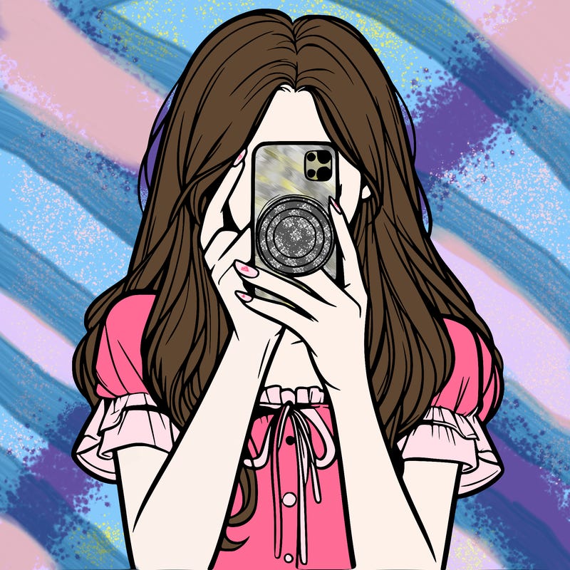 a realistic girl holding her phone taking pictures