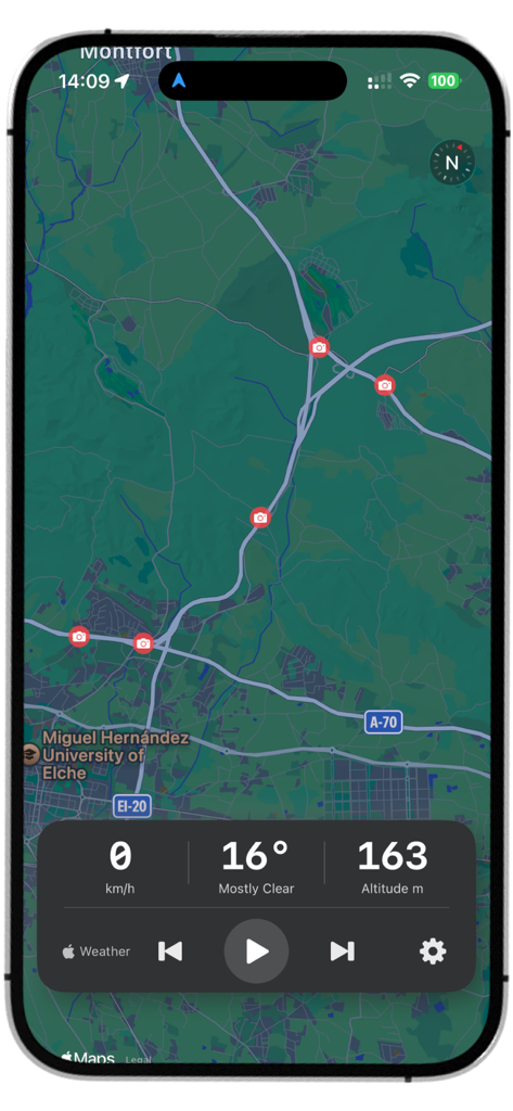 DGT Cameras - Mobile app screenshot showing a dark mode map of Spain with speed camera icons and a dashboard displaying speed weather and altitude
