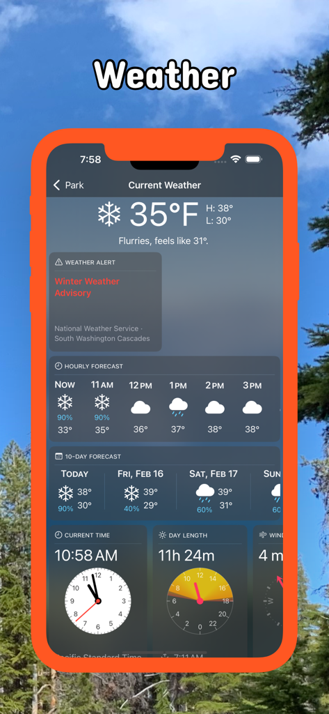 Una captura de pantalla de una aplicación móvil que muestra las condiciones meteorológicas actuales, una advertencia meteorológica invernal, pronósticos por hora y a 10 días, y la duración de la luz del día para un bosque nacional.
